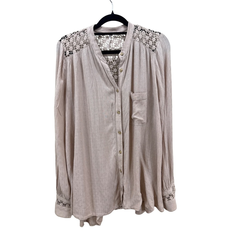 Free People Women Blush Crochet Lace Back Button Down Boho Shirt Small Oversized